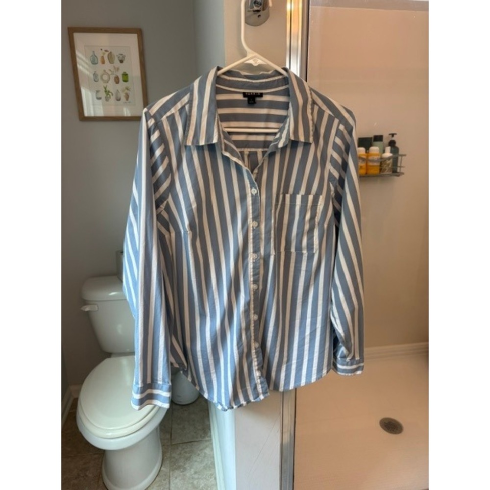 Torrid Blue White Striped Button Down Shirt Womens Size 1 Long Sleeve Blouse